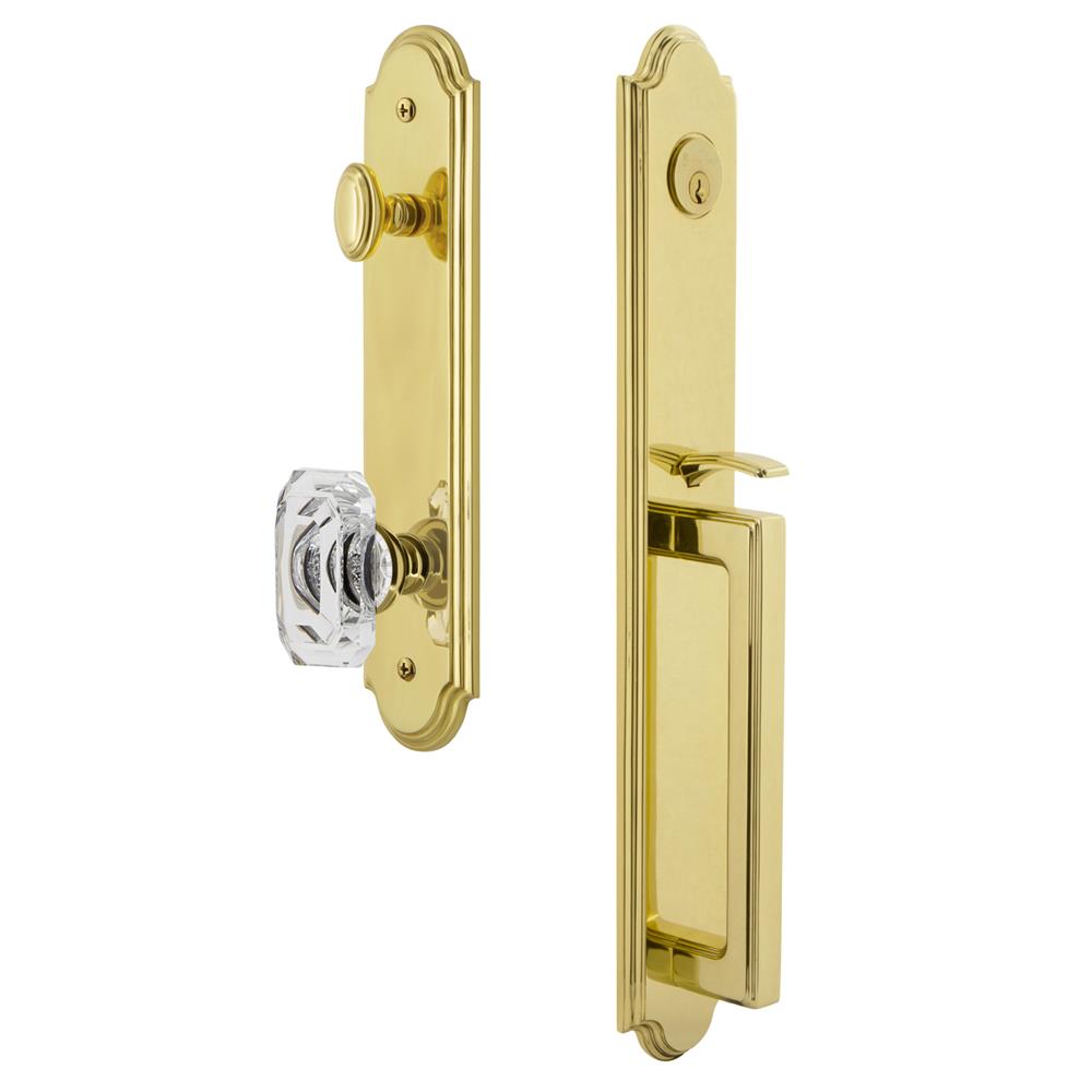 Grandeur by Nostalgic Warehouse ARCDGRBCC Arc One-Piece Handleset with D Grip and Baguette Clear Crystal Knob in Lifetime Brass